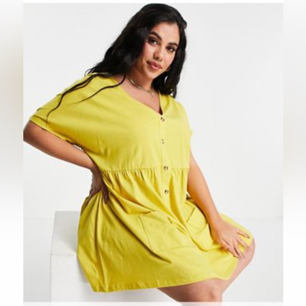 Mustard Curve button up mini smock dress with pockets
